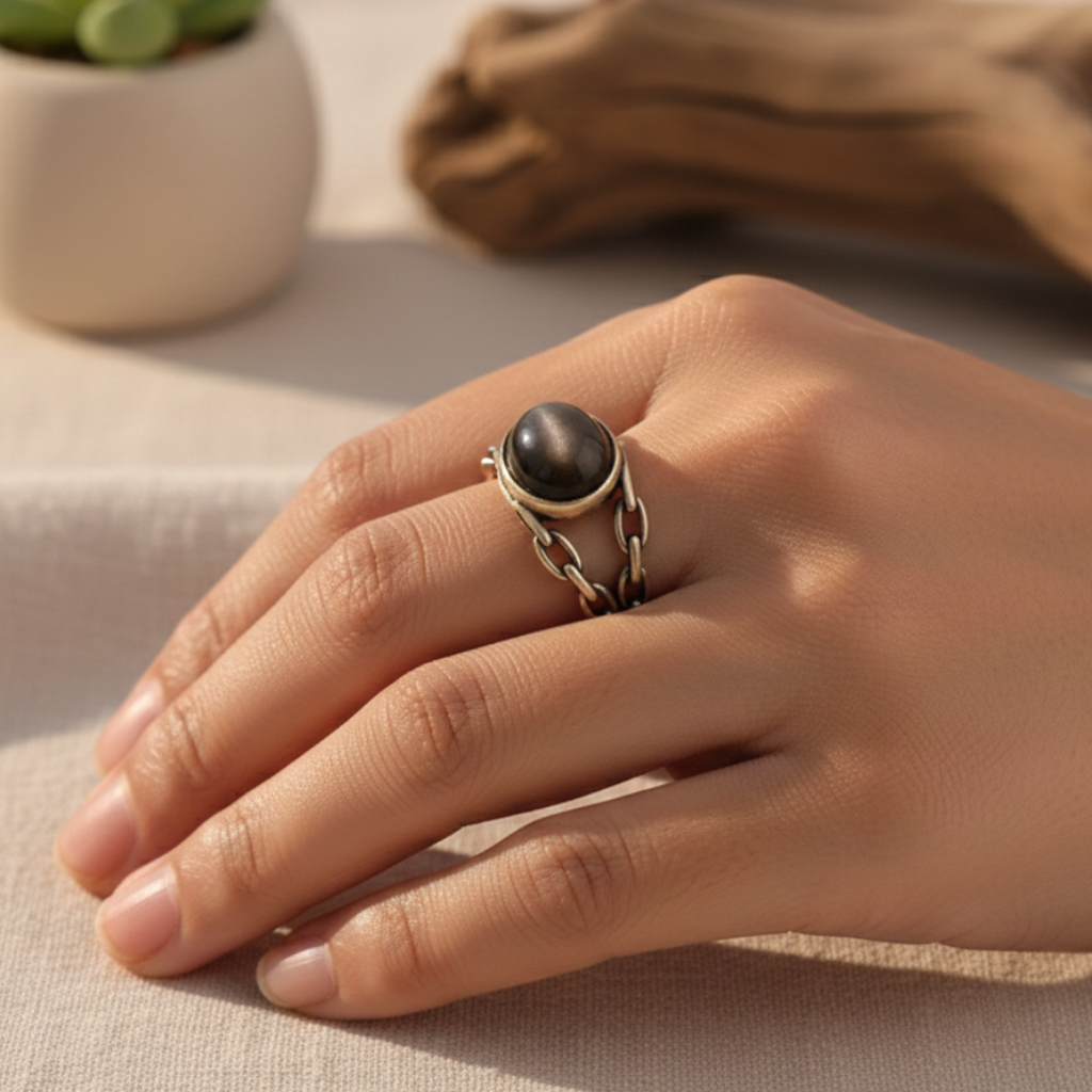 ATELIER-TIBET – Bague “Confiance Sacrée” en Obsidienne Dorée – Ancrage & Force Intérieure