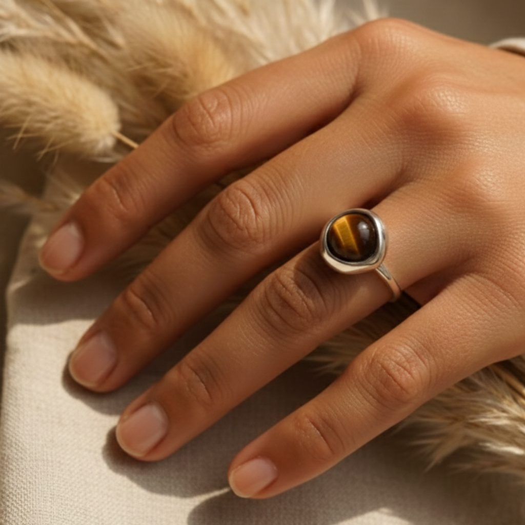 ATELIER-TIBET – Bague “Shakti” en Œil de Tigre – Force Symbolique & Élégance Intemporelle