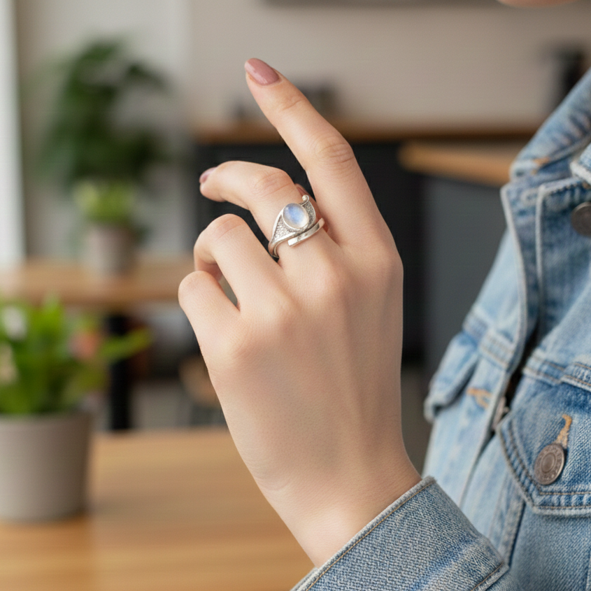 ATELIER-TIBET – Bague en Labradorite Blanche (Péristérite) – Élégance Minérale & Éclat Naturel
