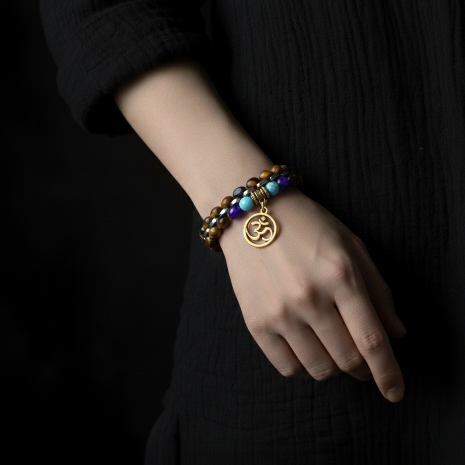 ATELIER-TIBET Bracelet Chakra Homme Œil de Tigre avec Symbole Bouddhiste Aum Doré