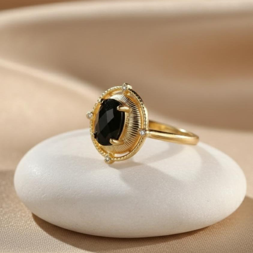 ATELIER-TIBET – Bague Noir Magnétique en Spinelle Noir & Plaqué Or