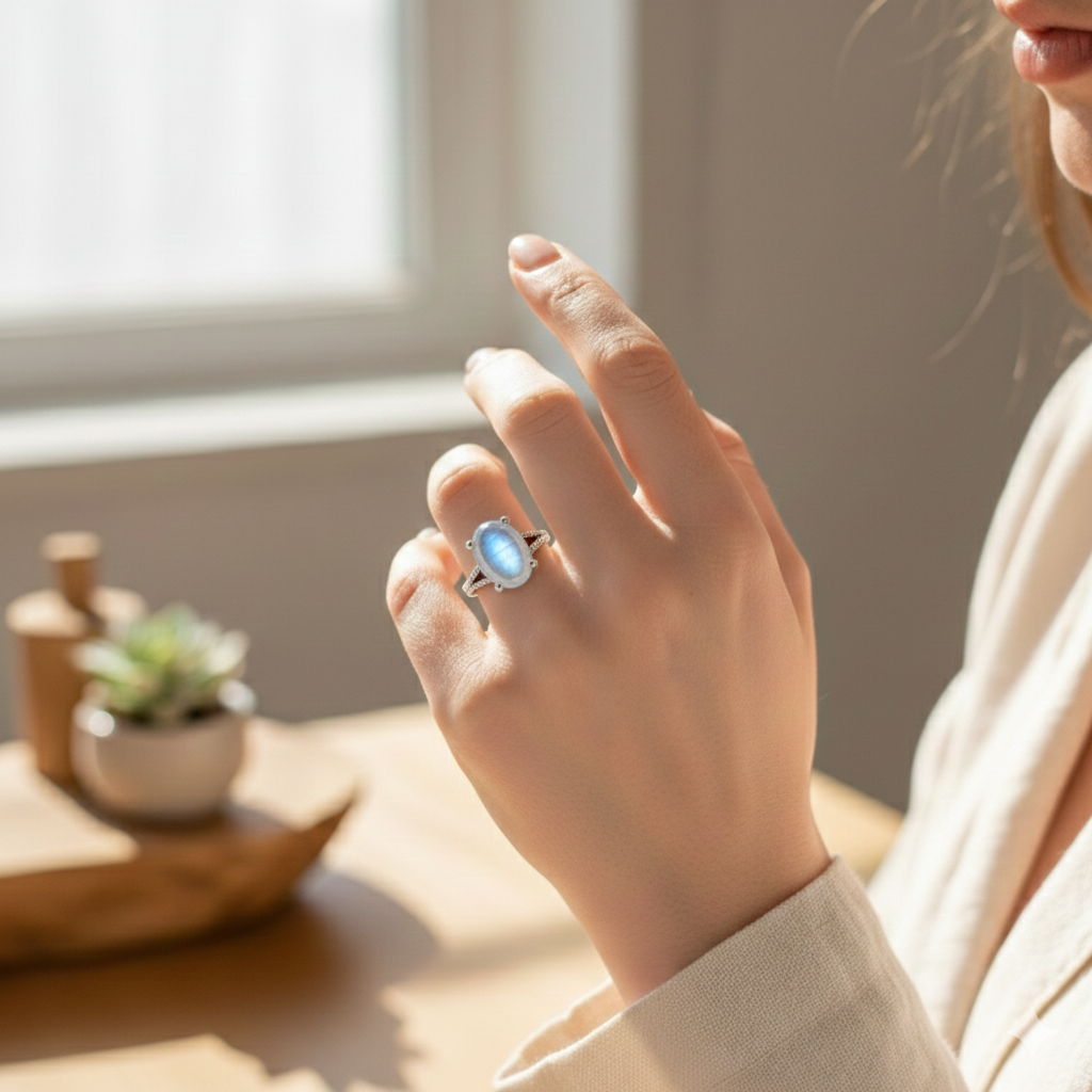 ATELIER-TIBET – Bague “Clarté de l’Âme” en Pierre de Lune – Intuition & Sérénité Intérieure
