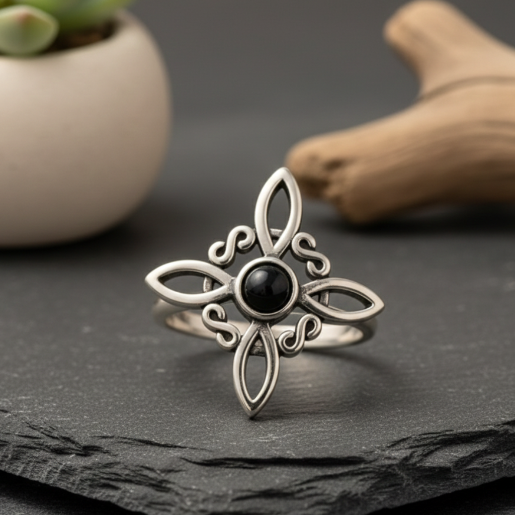 ATELIER-TIBET – Bague “Énergie Mystique” en Obsidienne Noire & Nœud de Sorcière – Protection Symbolique & Élégance Envoûtante