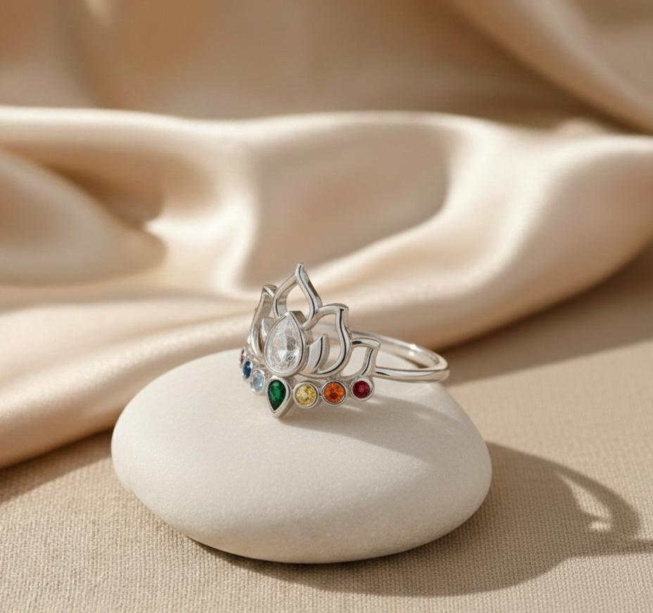ATELIER-TIBET – Bague Lotus Cristallin Ajustable – Finition Argent