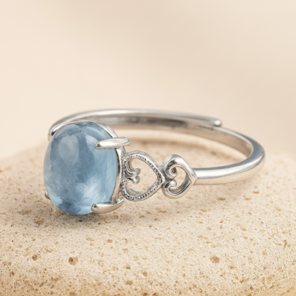 ATELIER-TIBET – Bague Aigue-Marine “Cristal de Mer” – Pierre naturelle & argent – Bague ajustable