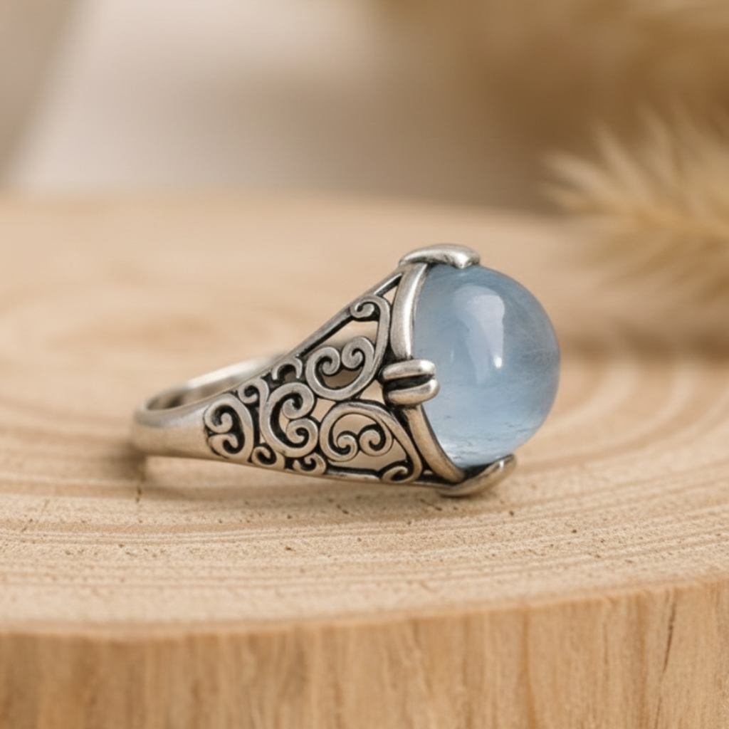 ATELIER-TIBET – Bague Aigue-Marine “Voix de l’Âme” – Argent – Bague ajustable