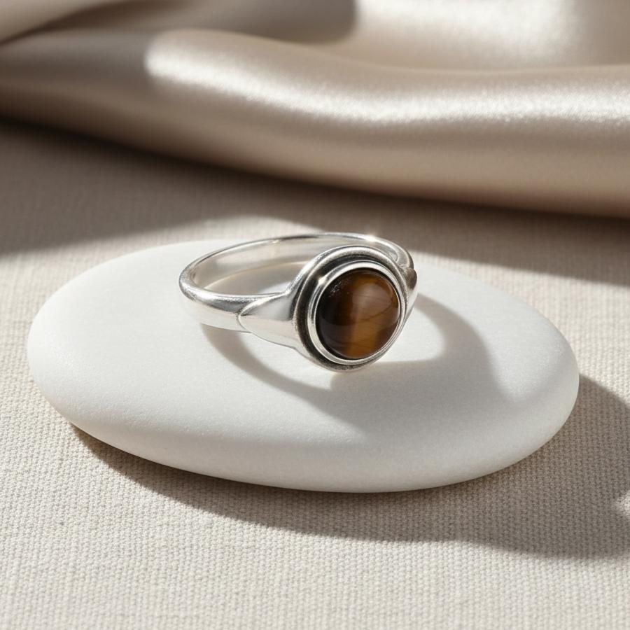 ATELIER-TIBET – Bague Aura de Tigre en Œil de Tigre Naturel & Métal Finition Argent