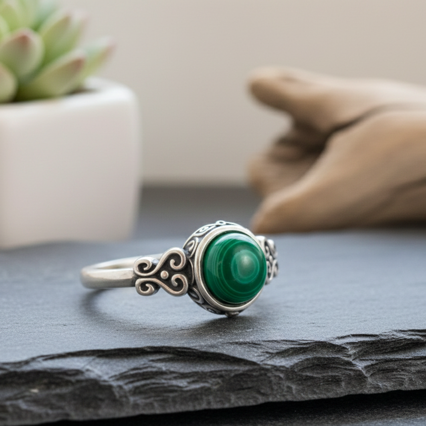 ATELIER-TIBET – Bague “Protection du Cœur” en Malachite & Argent – Harmonie Émotionnelle & Élégance Intemporelle