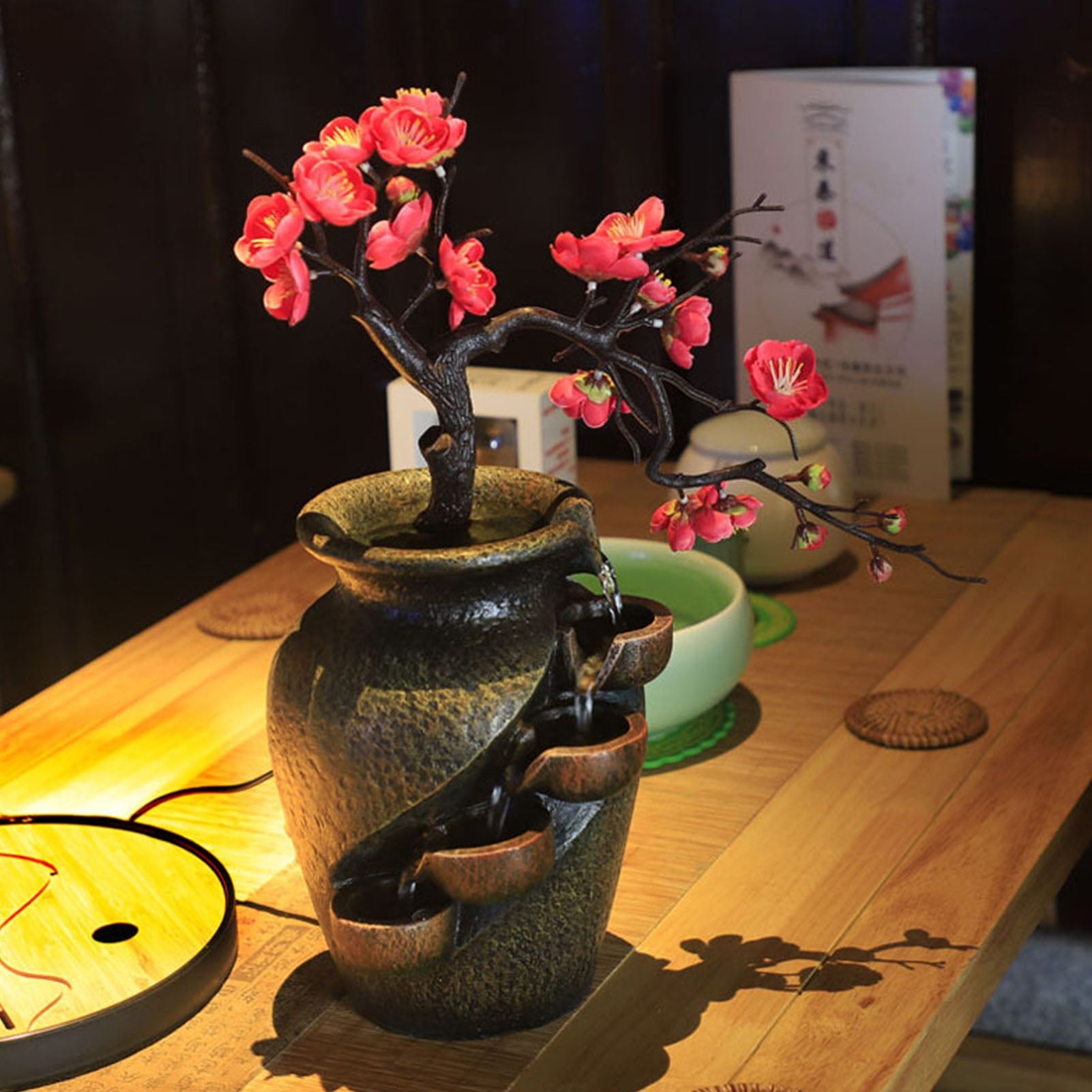 ATELIER-TIBET – Fontaine Japonaise Sakura d’Intérieur avec Cerisier en Fleurs, Style Zen & Feng Shui