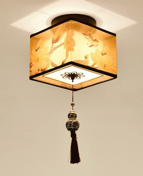 ATELIER-TIBET – Lampe Japonaise Ancienne en Métal, Bois & Tissu – Motifs Traditionnels et Lumière Zen