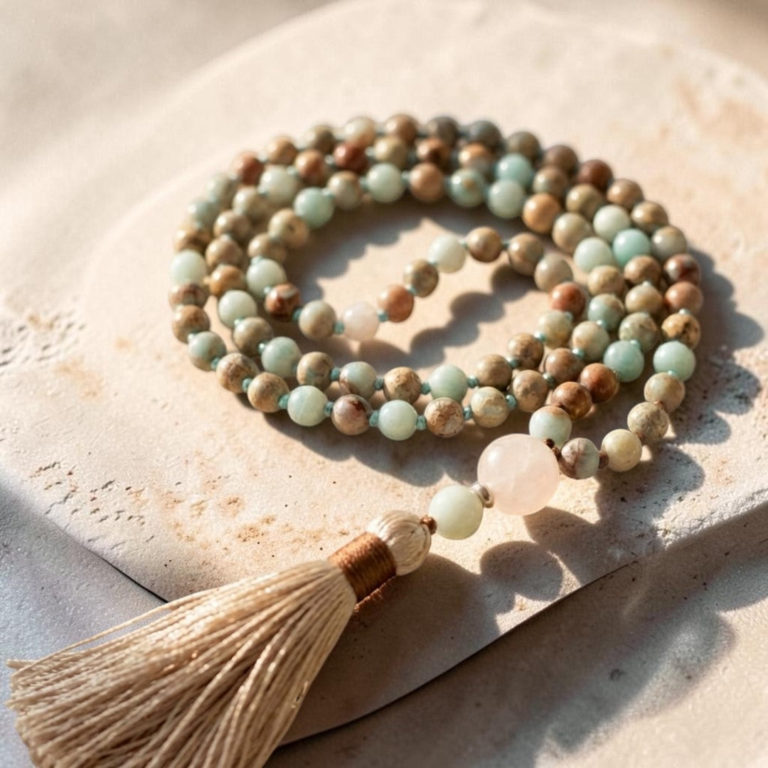 ATELIER-TIBET – Collier Mala 108 Perles en Jaspe Aqua Terra, Amazonite & Quartz Rose
