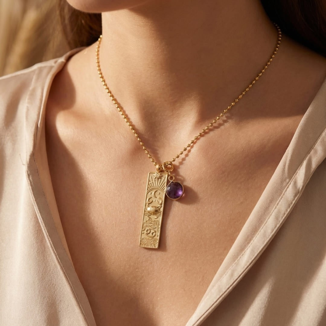 ATELIER-TIBET – Collier Rectangle - Signe Astrologique et sa Pierre Naturelle