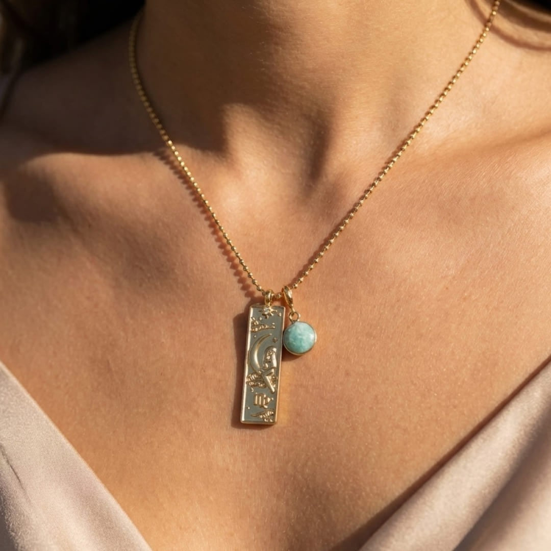 ATELIER-TIBET – Collier Rectangle - Signe Astrologique et sa Pierre Naturelle