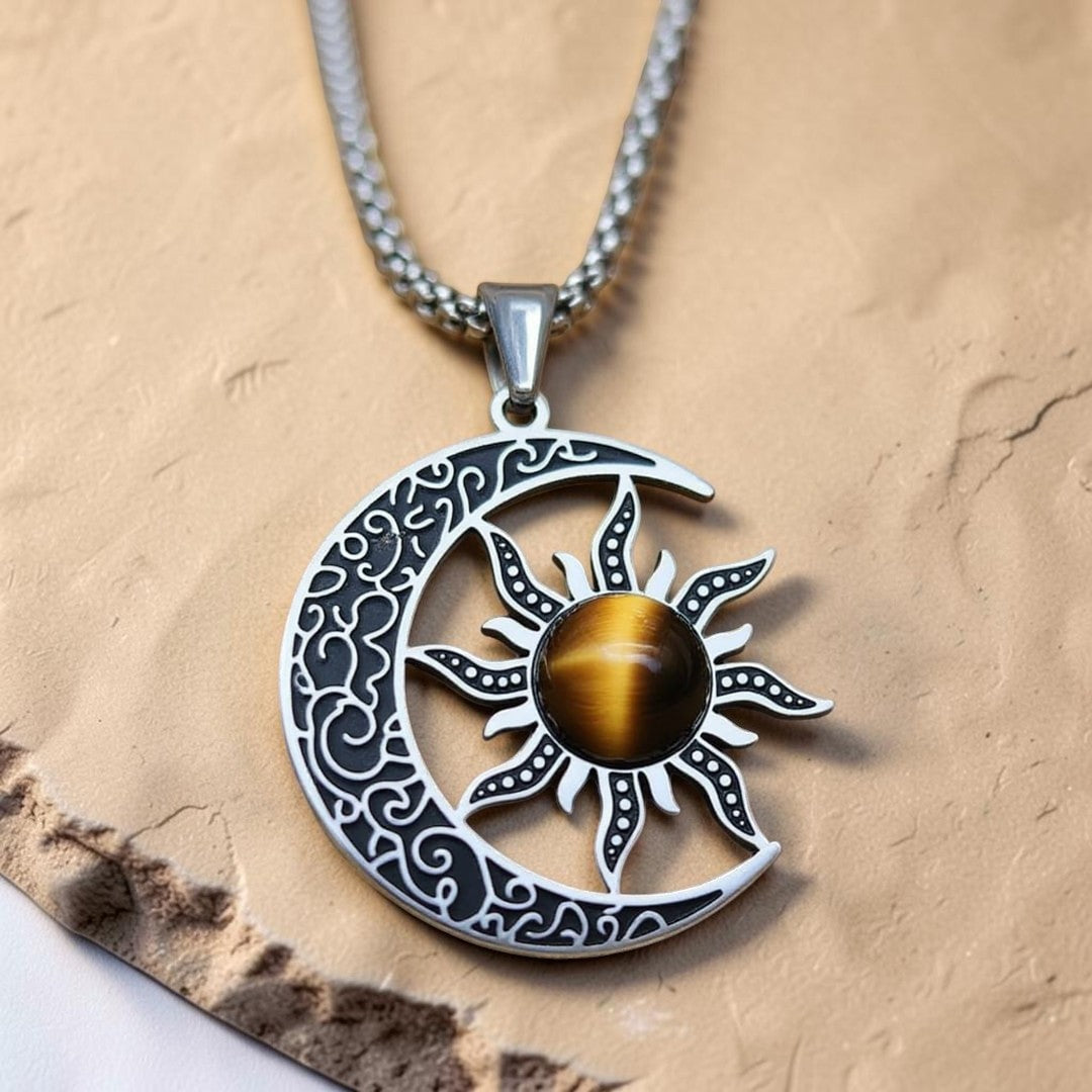 ATELIER-TIBET – Pendentif Équilibre Cosmique Lune-Soleil en Oeil de Tigre