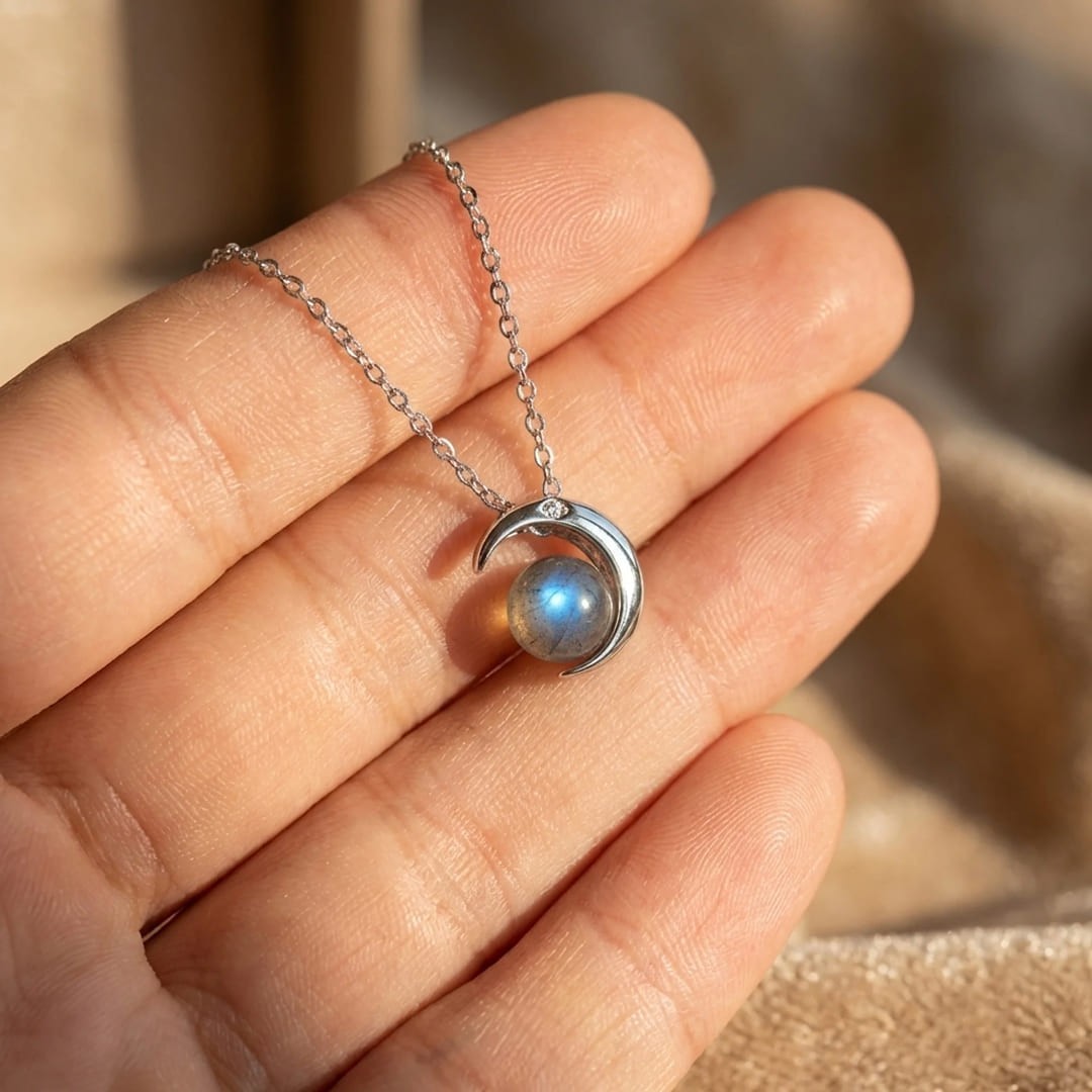 ATELIER-TIBET – Pendentif Lune Enchantée en Labradorite & Argent