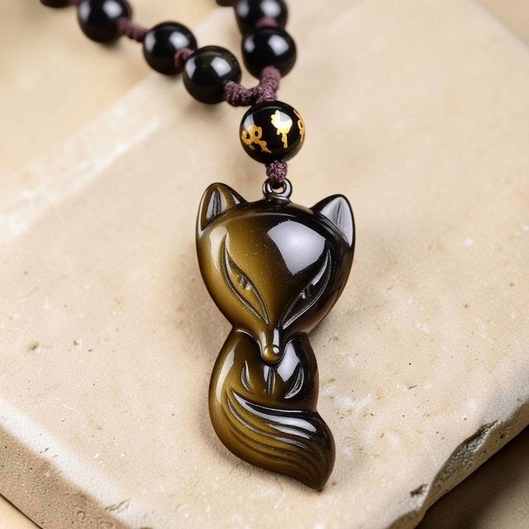 ATELIER-TIBET – Pendentif Renard Sage en Obsidienne Dorée