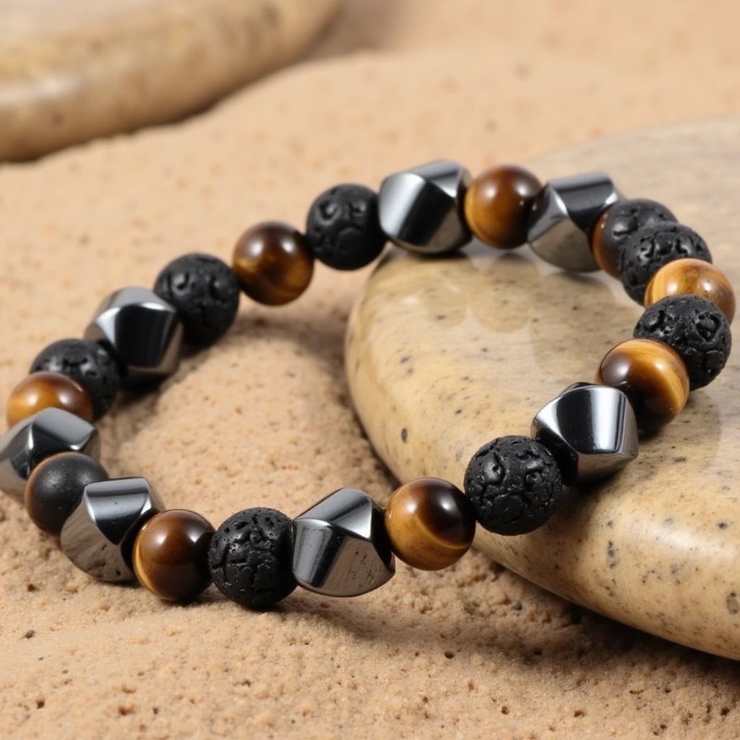 ATELIER-TIBET – Bracelet Triple Protection en Pierre de Lave, Oeil de Tigre & Hématite