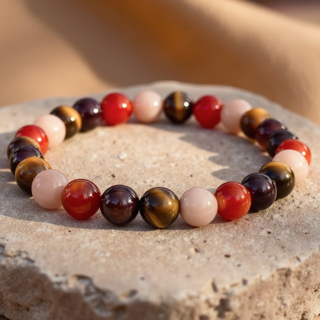 ATELIER-TIBET – Bracelet Chance & Joie en Oeil de Tigre, Pierre de Soleil, Cornaline & Grenat