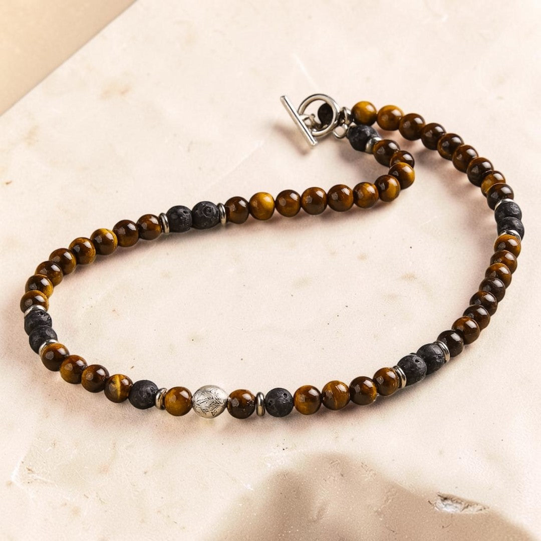 ATELIER-TIBET – Collier Énergie Terre & Feu en Pierre de Lave & Oeil de Tigre