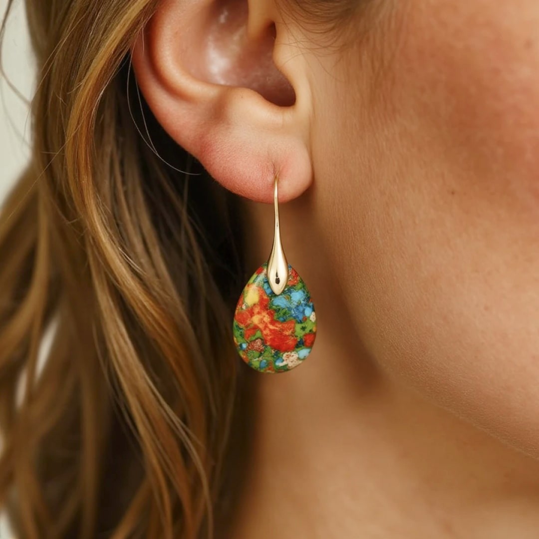 ATELIER-TIBET – Boucles d’Oreilles Gouttes Arlequines en Jaspe
