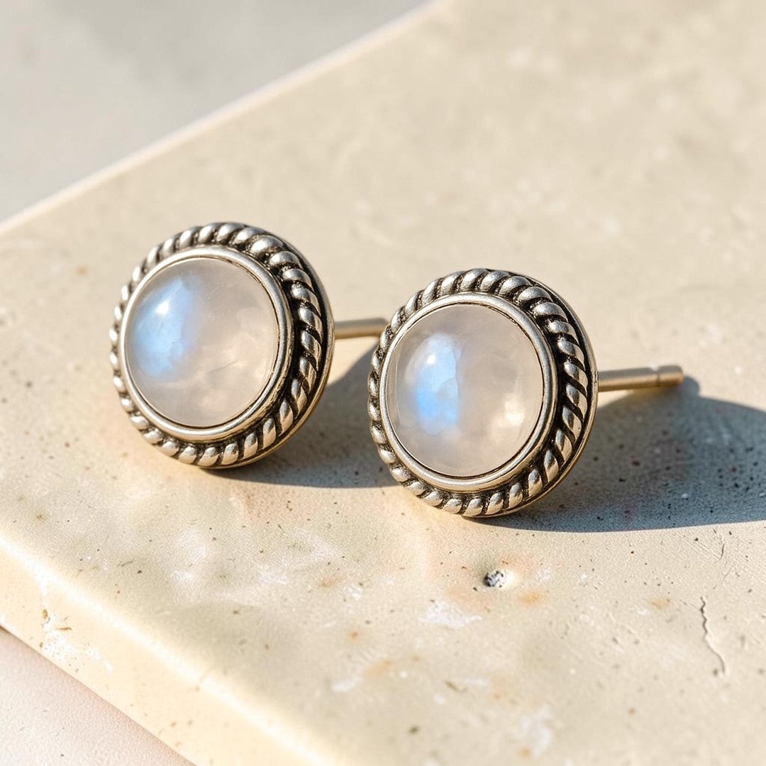 ATELIER-TIBET – Boucles d'Oreilles Bouton en Labradorite Blanche & Argent