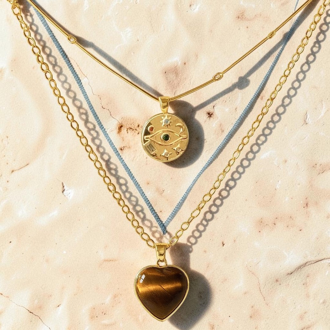 ATELIER-TIBET – Collier Double Coeur Protecteur en Oeil de Tigre