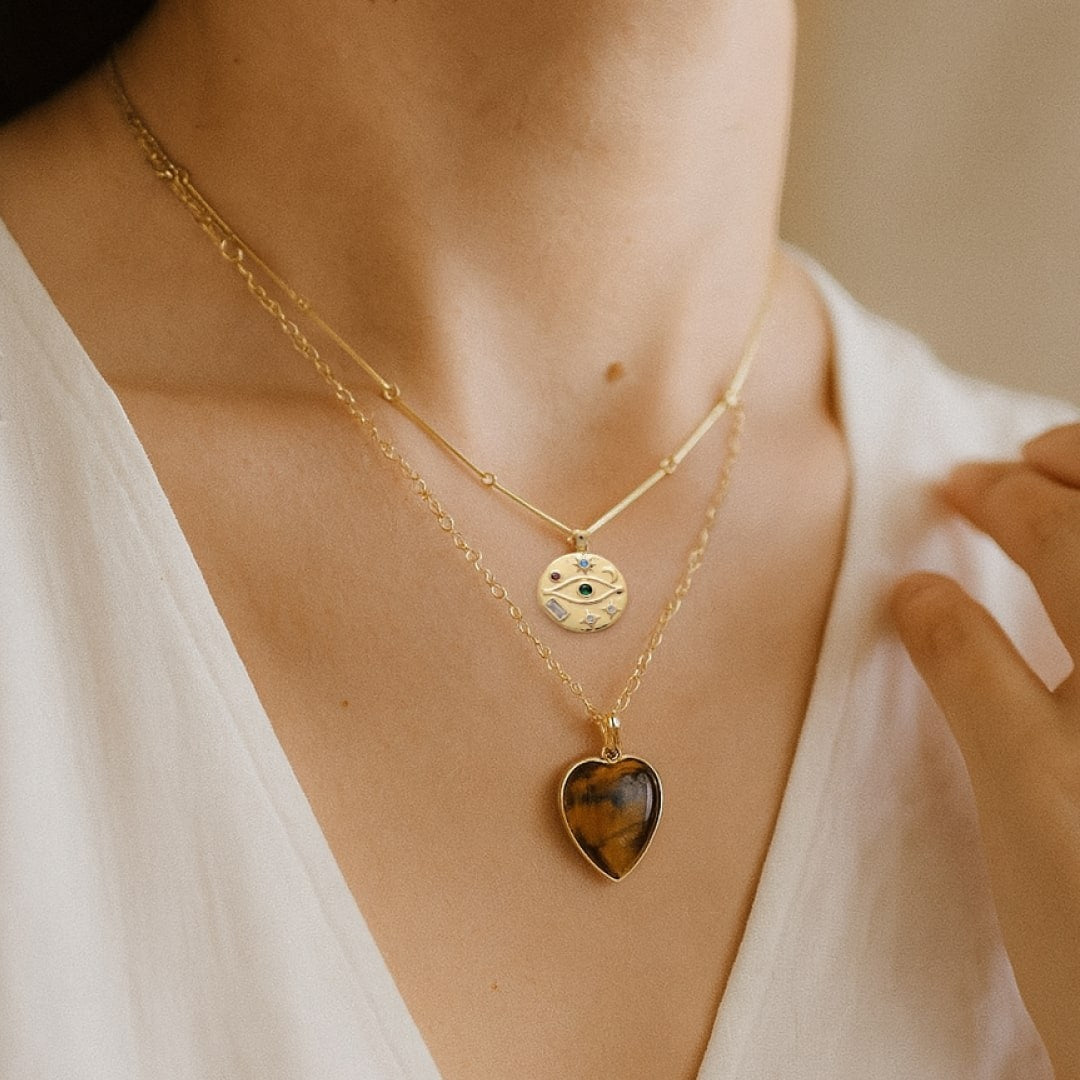 ATELIER-TIBET – Collier Double Coeur Protecteur en Oeil de Tigre