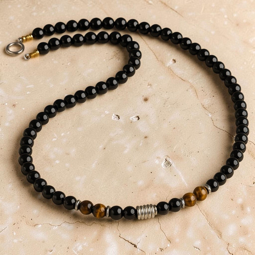 ATELIER-TIBET – Collier Bouclier de Sagesse en Obsidienne Noire & Oeil de Tigre