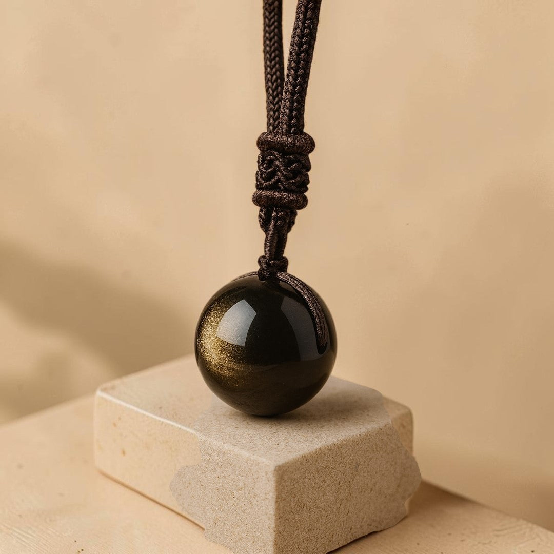 ATELIER-TIBET – Pendentif Sphère en Obsidienne Dorée