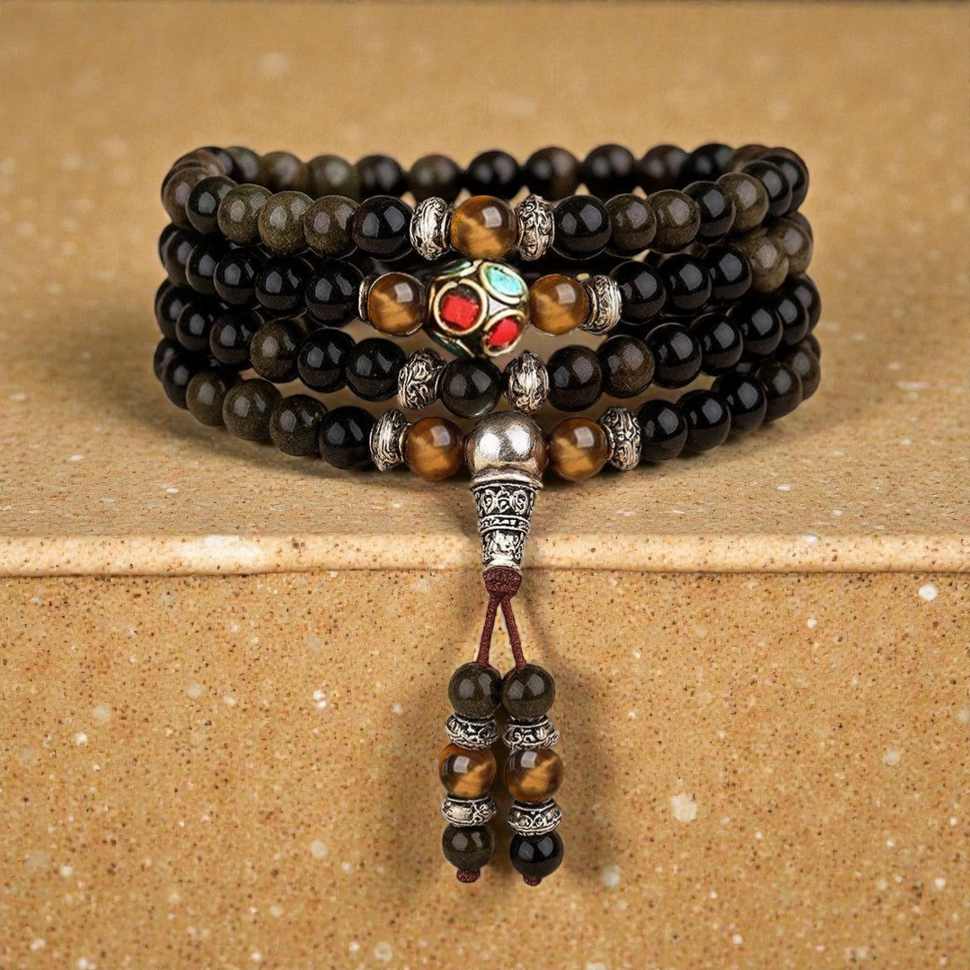 ATELIER-TIBET – Bracelet Mala Bouddhiste en Obsidienne Noire & Dorée