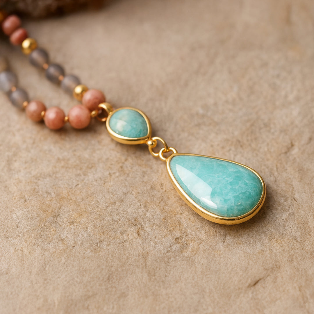 ATELIER-TIBET – Collier Mala Ethnique en Turquoise, Amazonite, Quartz Rose & Rhodonite
