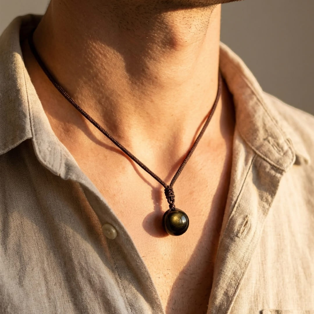 ATELIER-TIBET – Pendentif Sphère en Obsidienne Dorée
