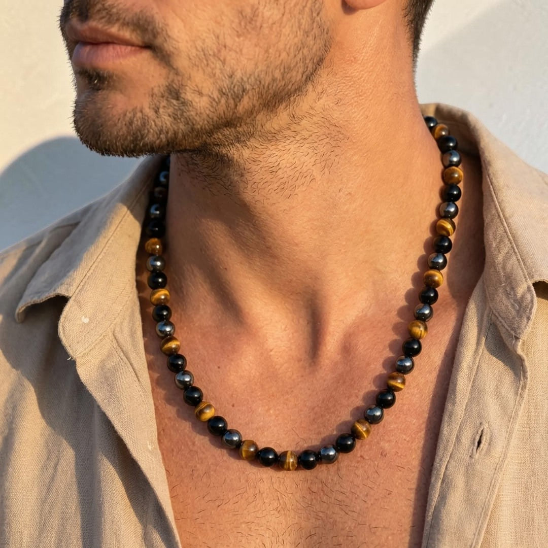 ATELIER-TIBET – Collier 3 Protections en Hématite, Obsidienne & Oeil de Tigre