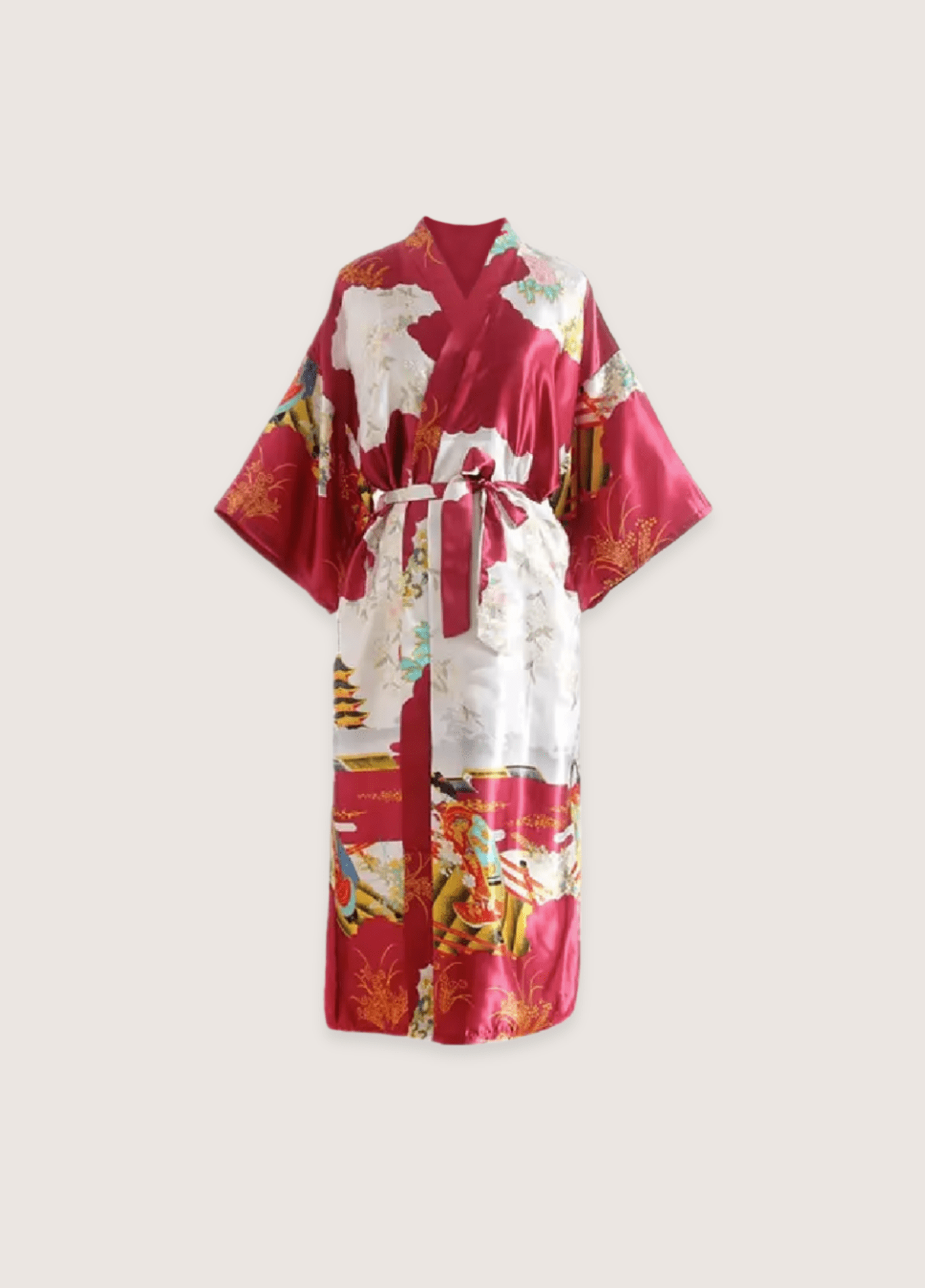 Kimono long femme soie motif pivoine rouge – Akane