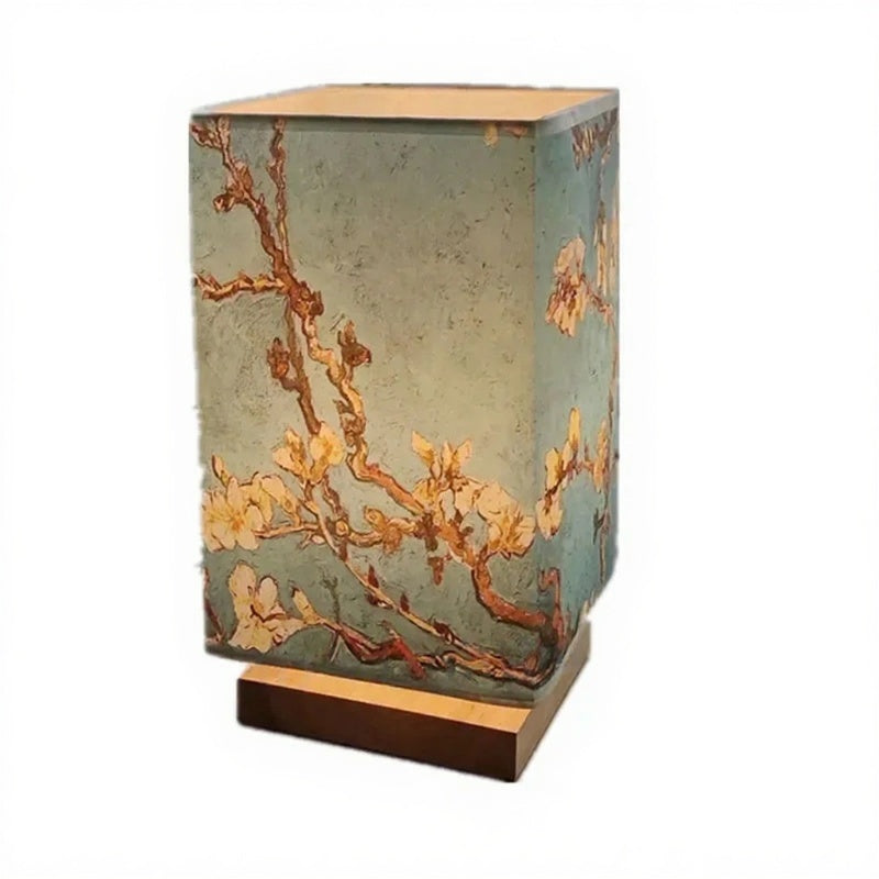 ATELIER-TIBET – Lampe de Table Japonaise Bleue Fleurie en Bois & Métal, Lumière Zen Raffinée
