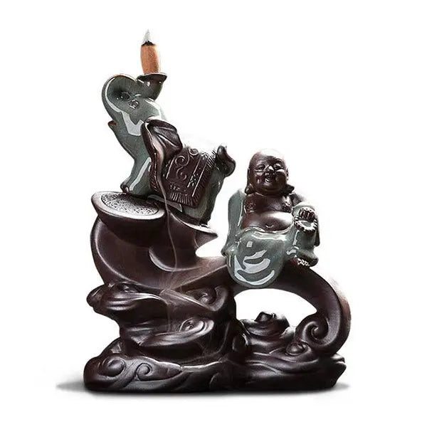 ATELIER-TIBET – Porte-Encens Cascade Bouddha Rieur & Éléphant