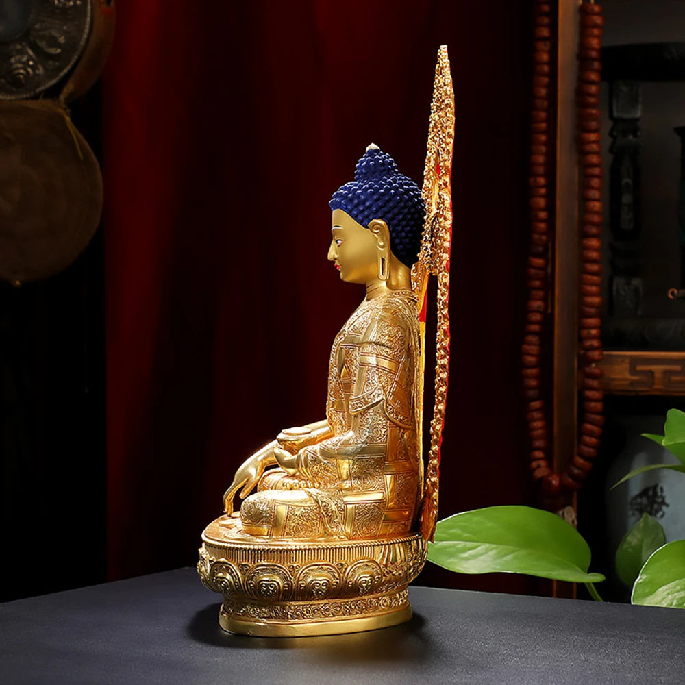 ATELIER-TIBET Ornement de bouddha Sakyamuni doré de 8 pouces, figurine en cuivre du bouddha, icônes ésotriques, petit ornement de bureau de culte à la maison