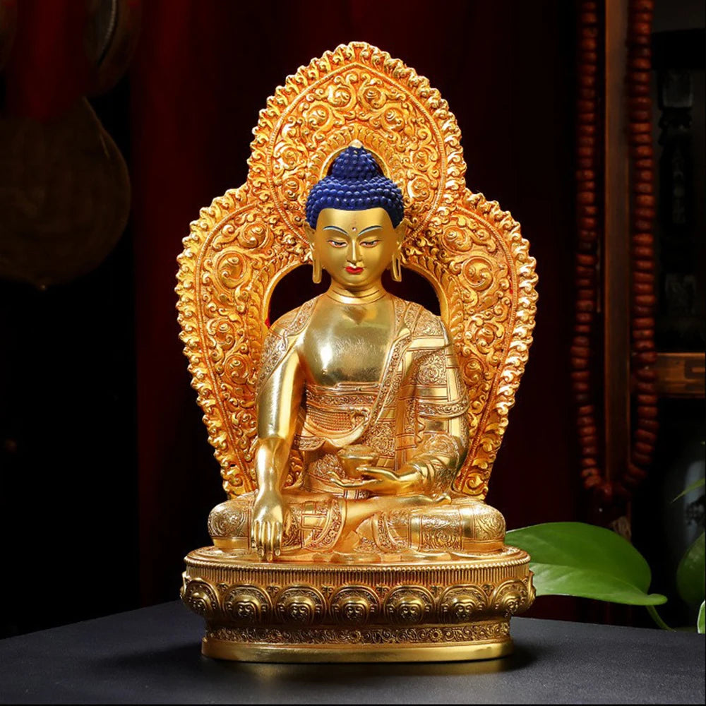 ATELIER-TIBET Ornement de bouddha Sakyamuni doré de 8 pouces, figurine en cuivre du bouddha, icônes ésotriques, petit ornement de bureau de culte à la maison