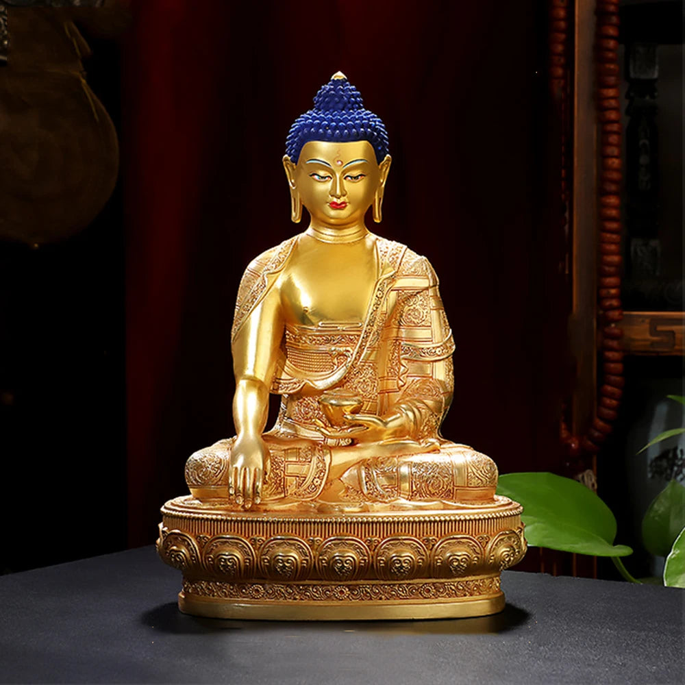 ATELIER-TIBET Ornement de bouddha Sakyamuni doré de 8 pouces, figurine en cuivre du bouddha, icônes ésotriques, petit ornement de bureau de culte à la maison