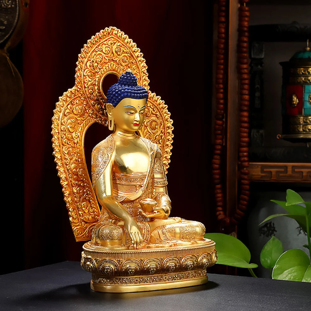 ATELIER-TIBET Ornement de bouddha Sakyamuni doré de 8 pouces, figurine en cuivre du bouddha, icônes ésotriques, petit ornement de bureau de culte à la maison