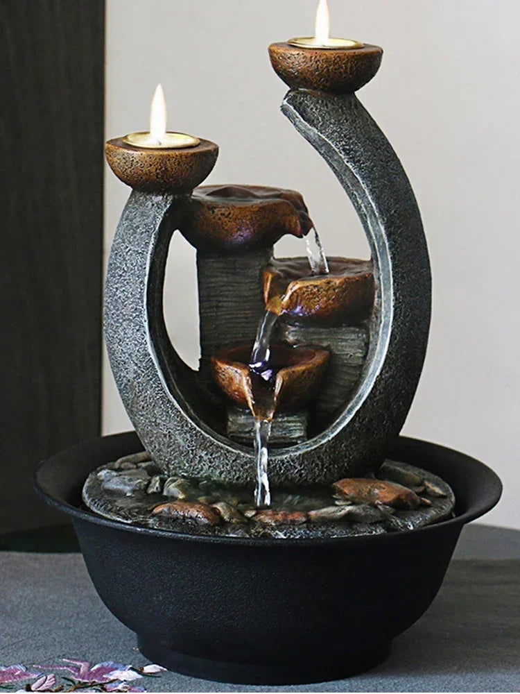 ATELIER-TIBET – Fontaine Japonaise d’Intérieur avec Bougeoirs, LED Intégrée et Pompe Silencieuse
