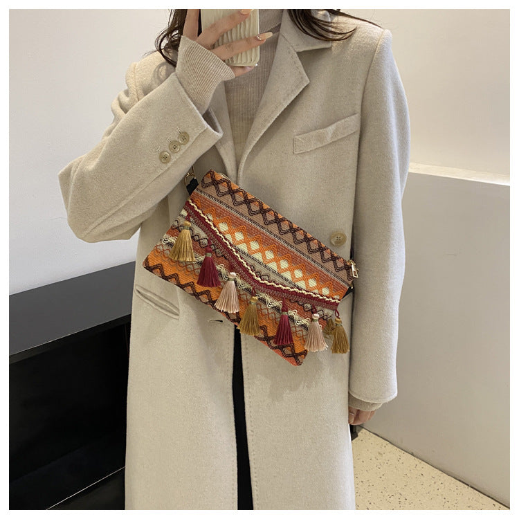 ATELIER-TIBET – Sac à bandoulière femme vintage à franges – Polyester – 28,5 cm