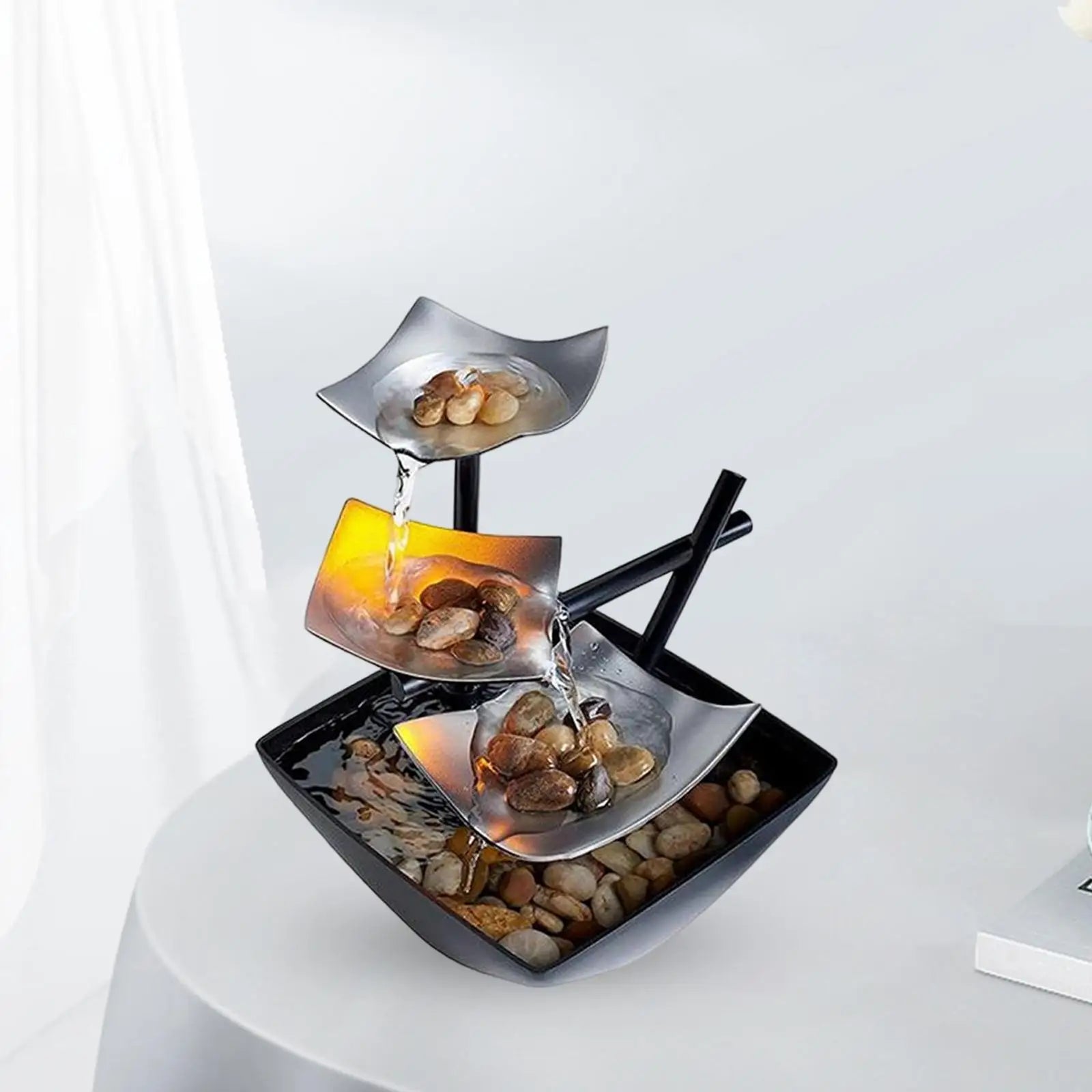 ATELIER-TIBET – Fontaine à Eau d’Intérieur Épurée en Fer avec Cascade à Trois Niveaux et Alimentation USB