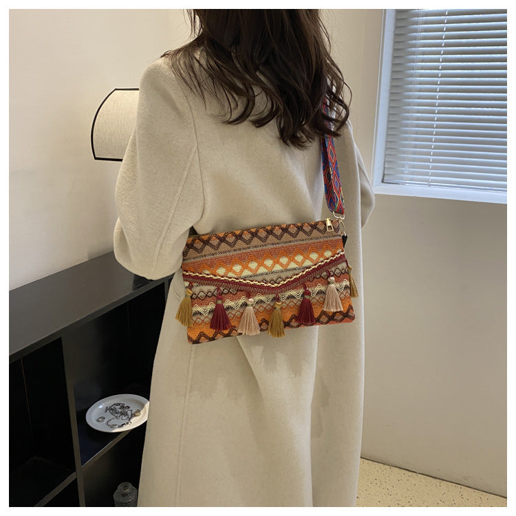 ATELIER-TIBET – Sac à bandoulière femme vintage à franges – Polyester – 28,5 cm