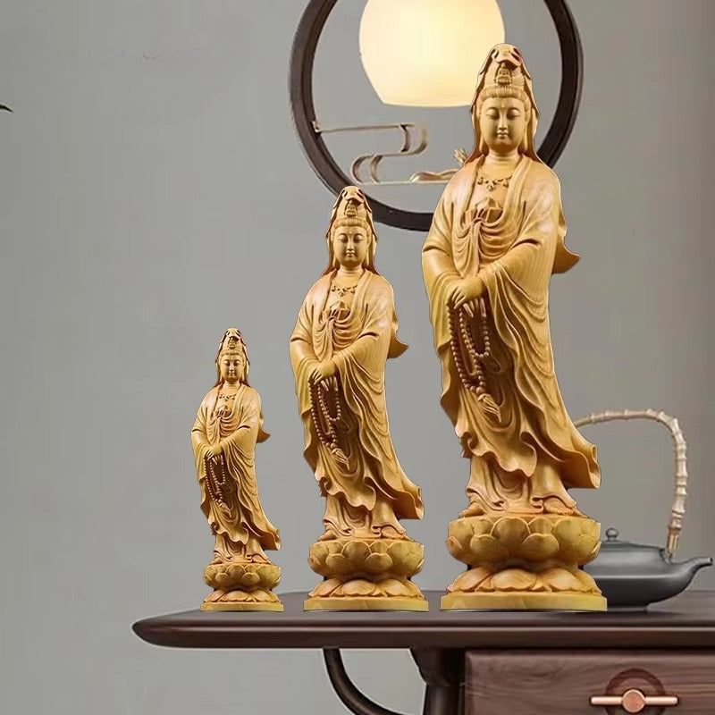 ATELIER-TIBET Statue Japonaise Guan Yin en Bois Massif | Sculpture Zen Compassion & Sérénité