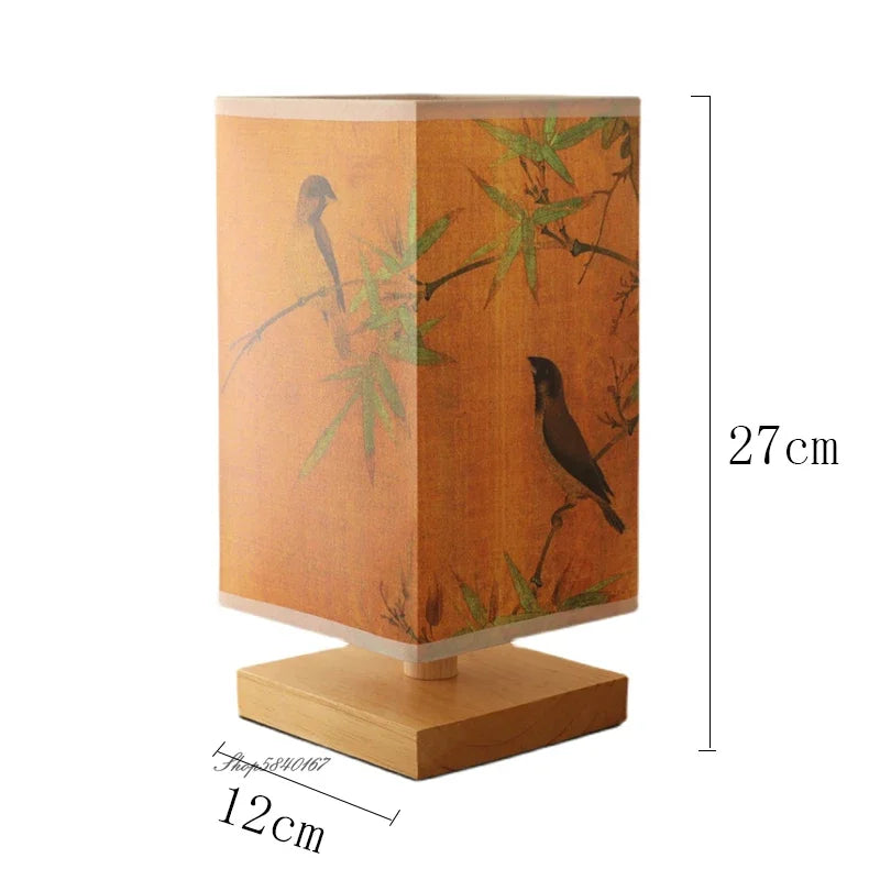 ATELIER-TIBET – Lampe de Chevet Motif Bambou & Oiseaux en Bois et Tissu, Lumière Zen Poétique