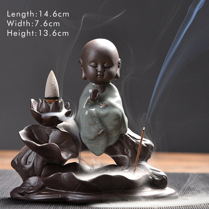 ATELIER-TIBET – Brûleur d’Encens en Céramique Lotus & Petit Moine à Reflux