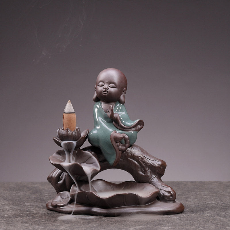 ATELIER-TIBET – Brûleur d’Encens en Céramique Lotus & Petit Moine à Reflux