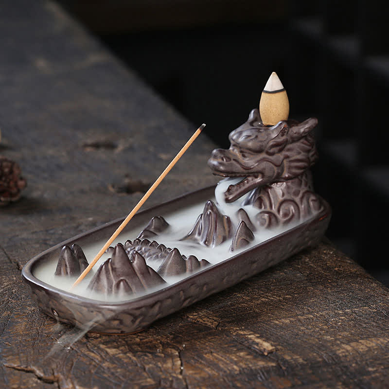 ATELIER-TIBET – Brûleur d’Encens Dragon en Céramique Montagne à Reflux
