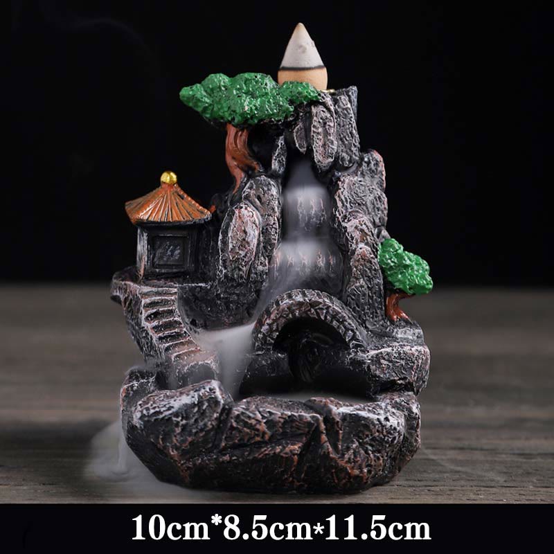 ATELIER-TIBET Brûleur d’Encens Bouddha à Cascade Paysage Montagnes en Résine